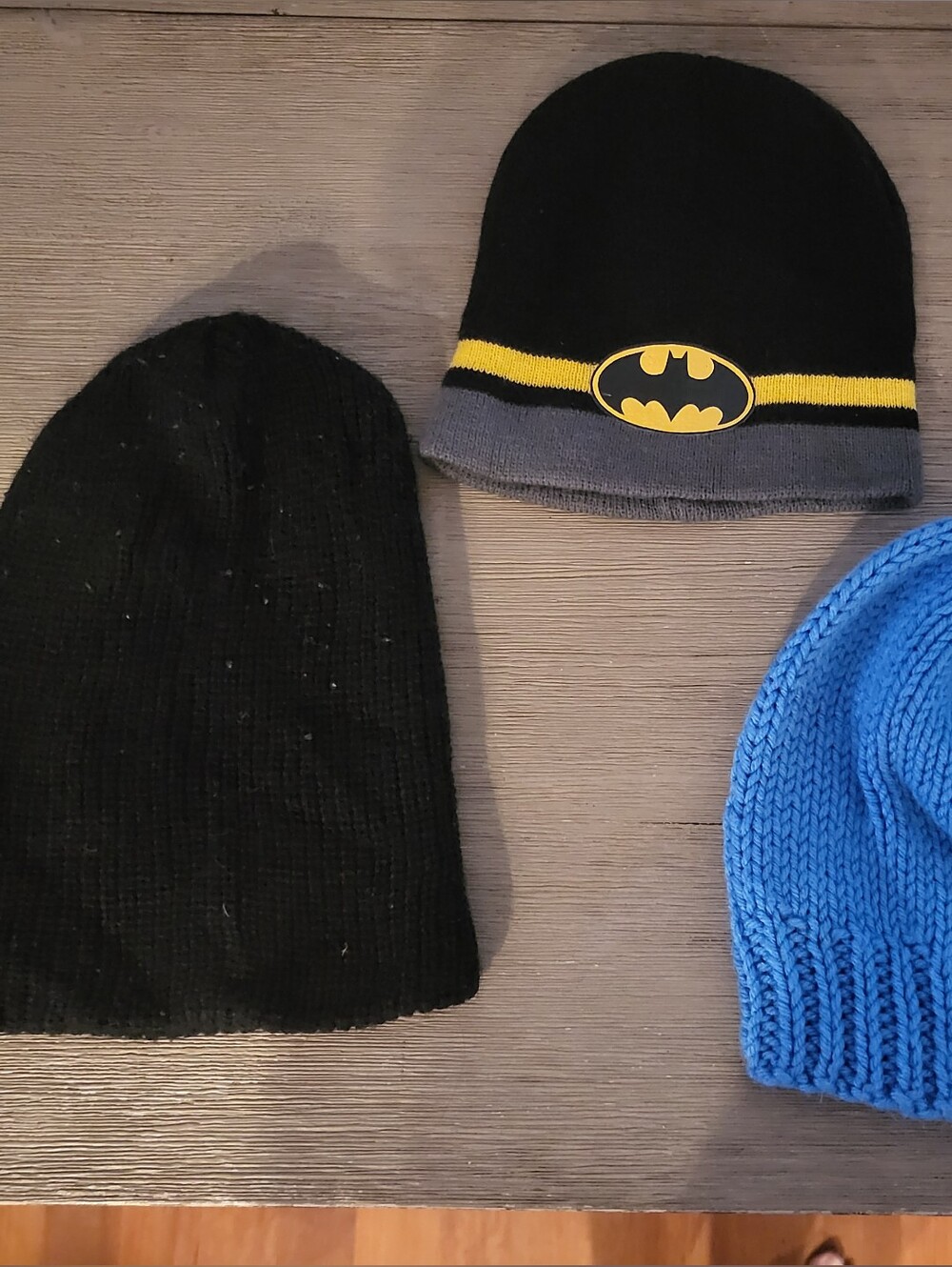 Kids Winter Beanie Hat Lot of 3 – DC Comics Batman, Blue Knit, Black Beanie